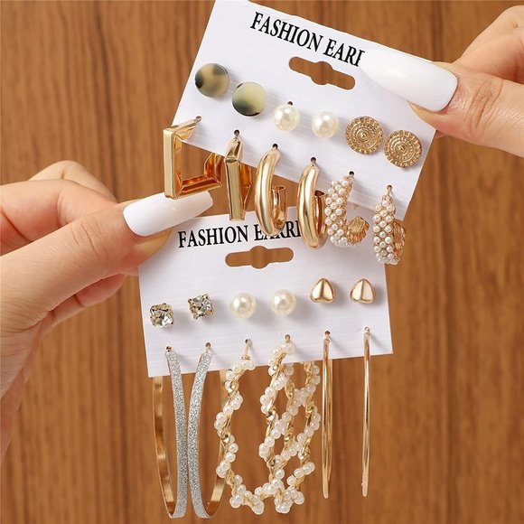 New 45 Pairs Gold Hoop Earrings for Girls Women Multipack, Chunky Pearl Twisted - Picture 9 of 9